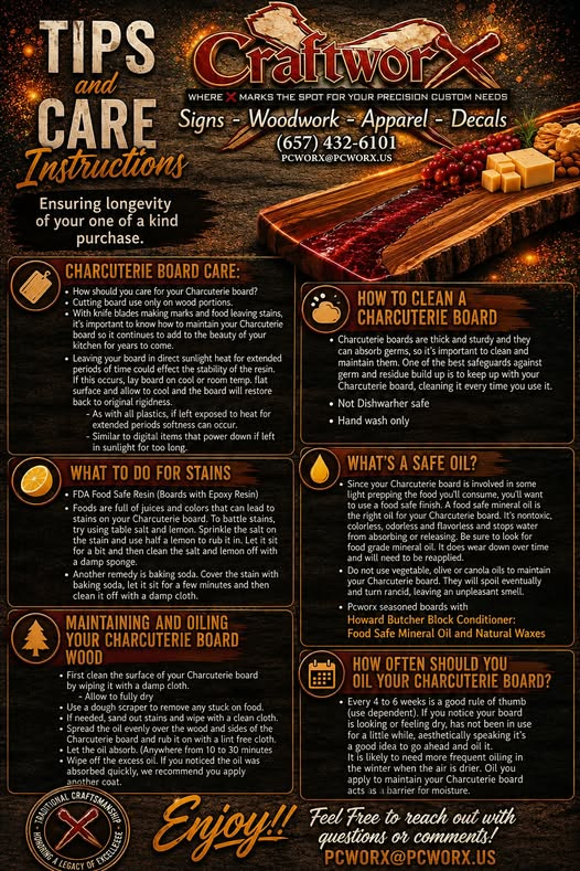 CraftworX charcuterie board care instructions