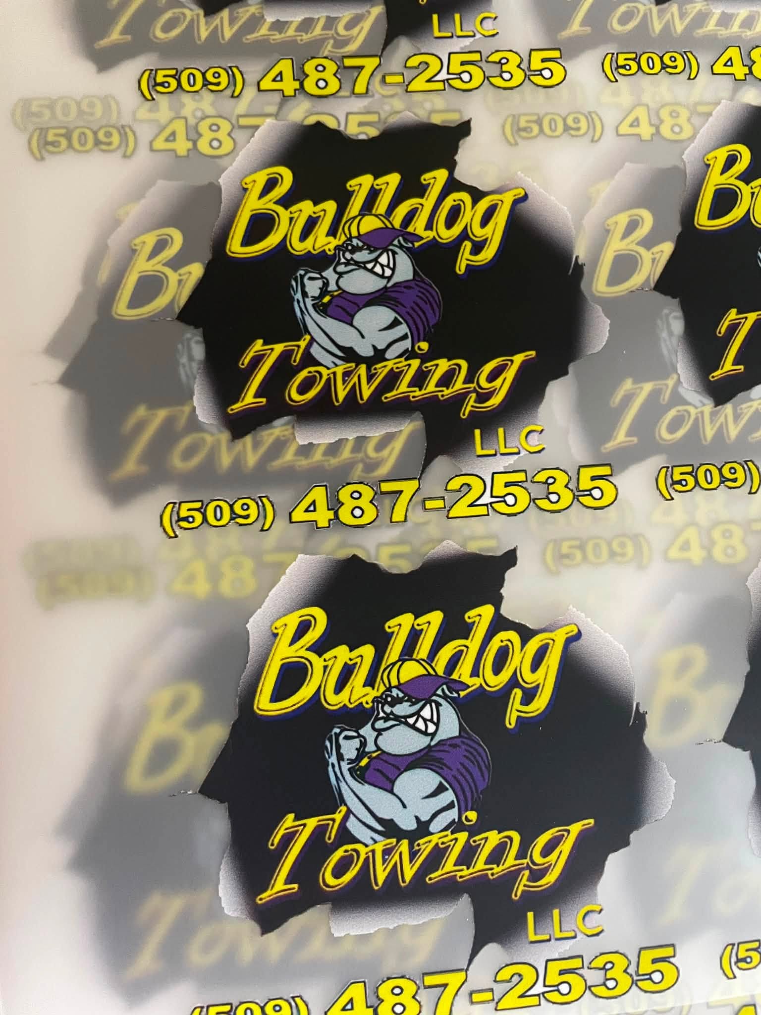 Close-up die-cut Bulldog Towing decal